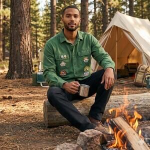 PacSun Green Heavyweight Flannel Camping Button Down Patches Shirt Men's M